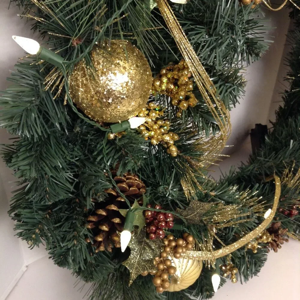 Christmas Wreath PreLit Green/Gold Pine Cones Balls Glamour Front Door Wall 23